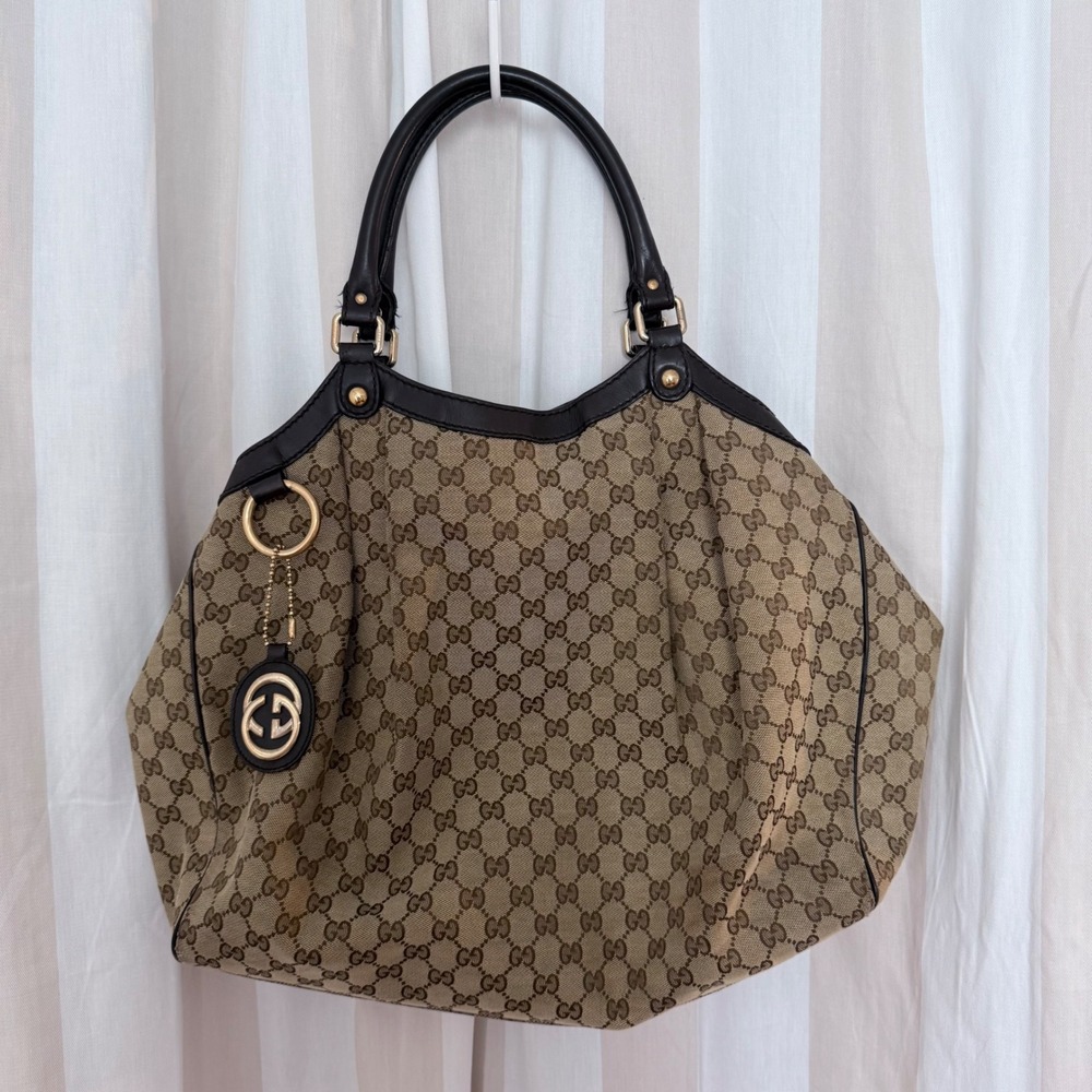 Gucci Sukey Tote Bag GG Monogram Canvas Brown Leather 211943 002058 Vintage